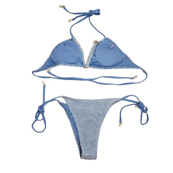 Blue & White Zaful Womens Bikini Set Size S Tie Closures Mesh Overlay Design - Picture 4 of 5